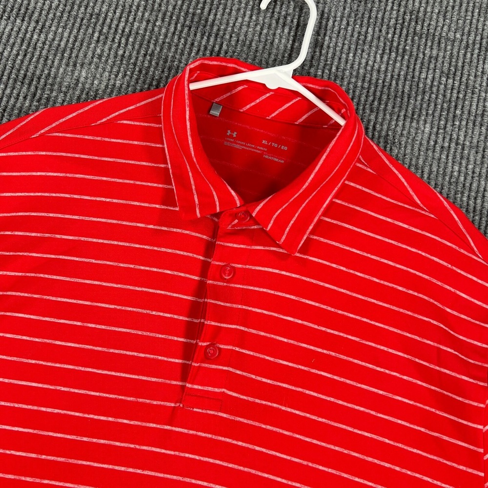 Under Armour Polo Shirt Mens XL Extra Large Red Striped Short Sleeve Heat Gear